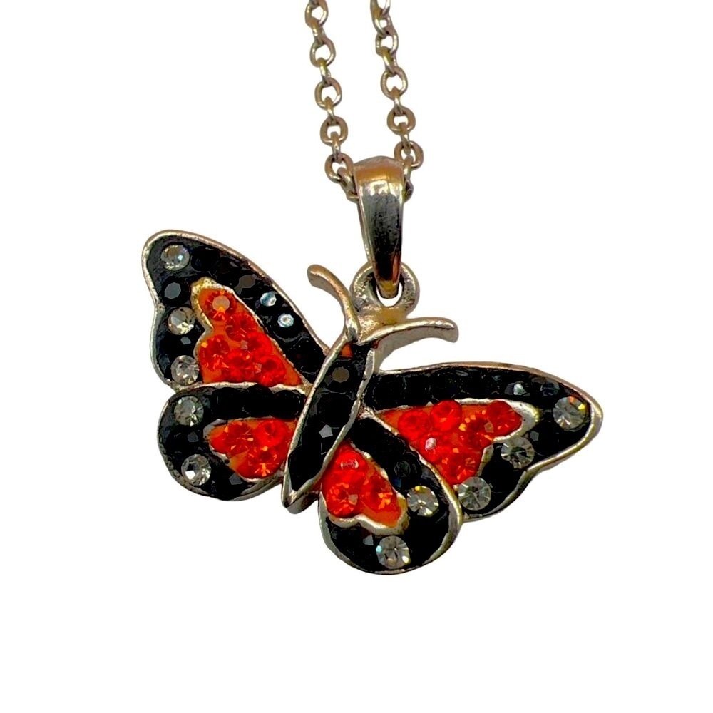 Butterfly Pendant Necklace With Clear, Orange & Black Rhinestones.  B52